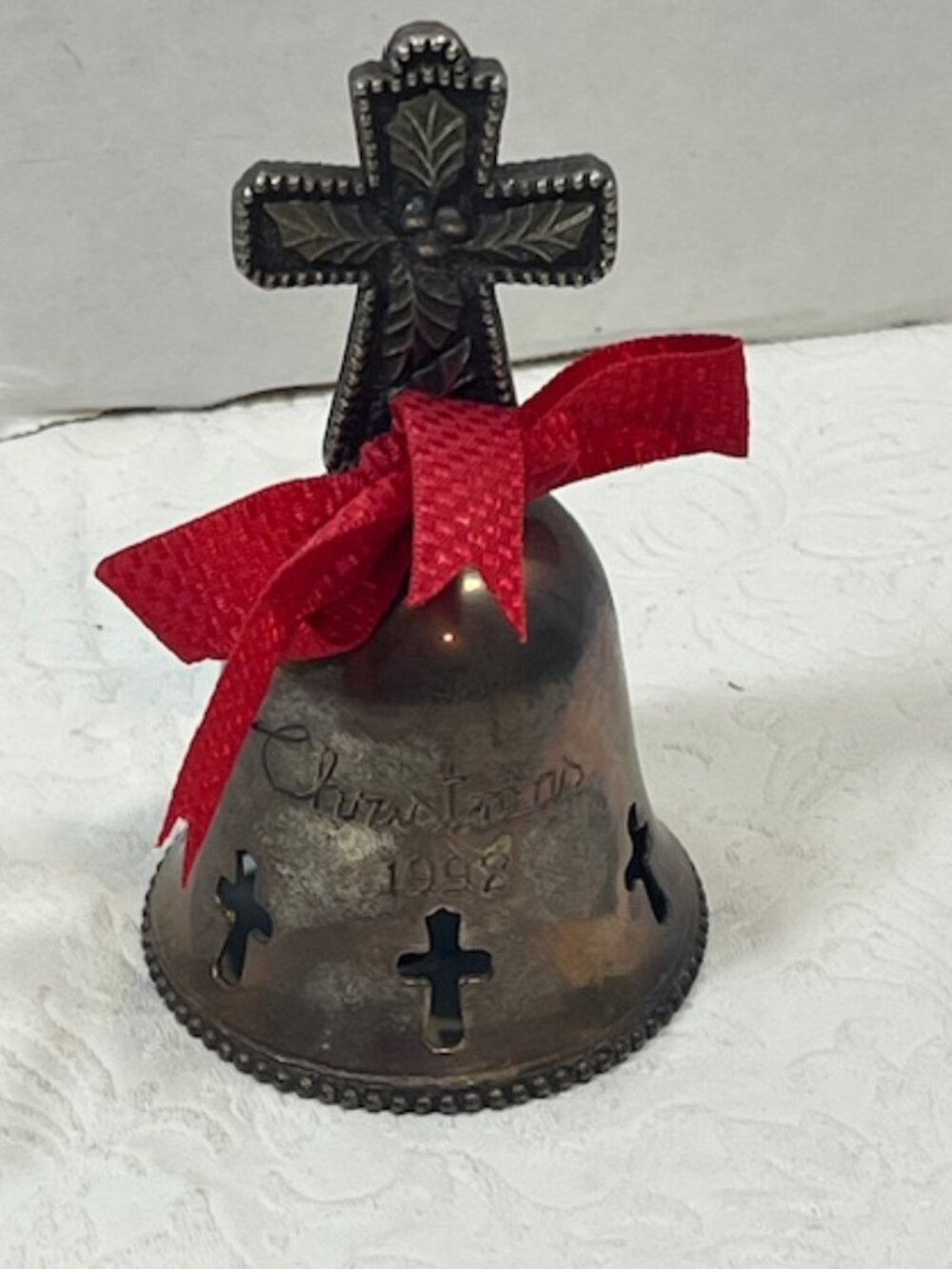 VTG 1998 Handmade Silverplated Christmas Bell Red Bow Cross Handle 3.75" Tall